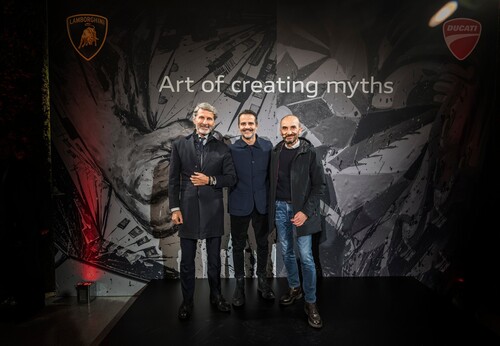 &quot;Art of Creating Myths&quot; exhibition in Bologna (from left): Lamborghini President Stephan Winkelmann, artist Paolo Trailo and Ducati boss Claudio Domenicali.