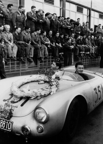 Hans Herrmann and Herbert Linge (left) after winning the 1954 Mille Miglia.