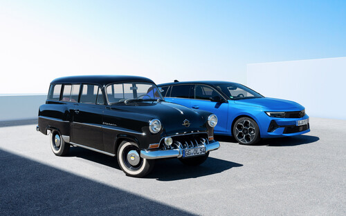 Opel Olympia Rekord Caravan (from 1953) and Astra Sports Tourer Electric.