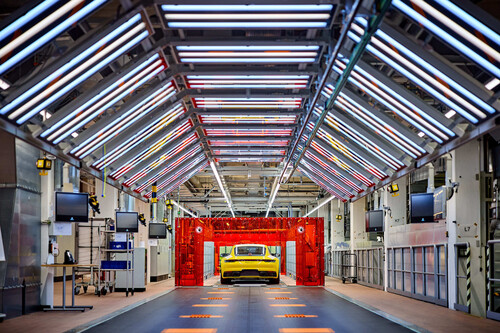 Testing and finishing area at the Porsche plant in Stuttgart-Zuffenhausen.