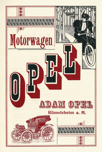 Contemporary Opel advertisement: The company became an automobile manufacturer on 21 January 1899 as a bicycle manufacturer.