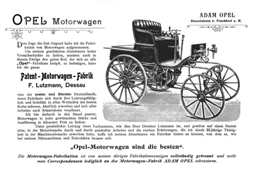 Contemporary newspaper advertisement for the Opel Patent-Motorwagen System Lutzmann.